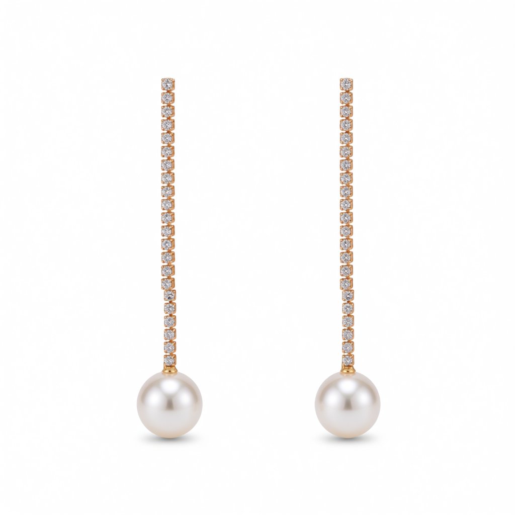 Cubic Zirconia and Pearl Linear Drop Earrings, drop earrings for women, dainty minimalist design, side view