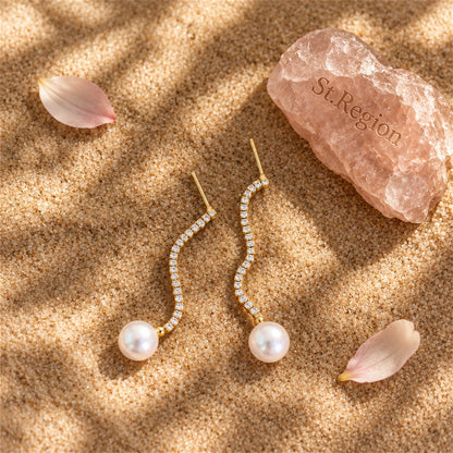 Cubic Zirconia and Pearl Linear Drop Earrings, drop earrings for women, dainty minimalist design, detail close-up
