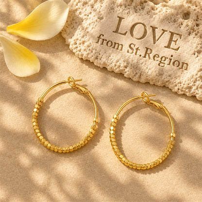 18K Gold-Plated Cube Beaded Hoop Earrings, gold hoop earrings for women, everyday style, lifestyle look