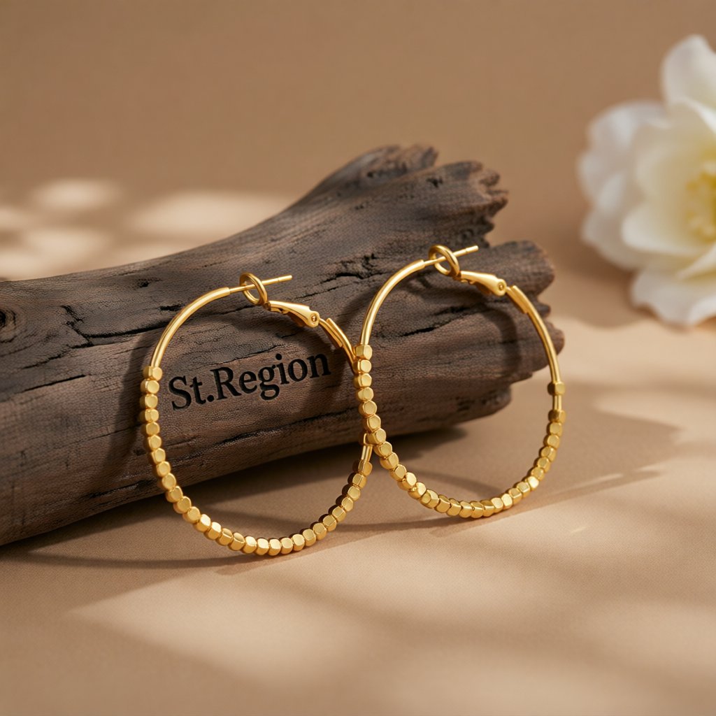 18K Gold-Plated Cube Beaded Hoop Earrings, gold hoop earrings for women, everyday style, front view