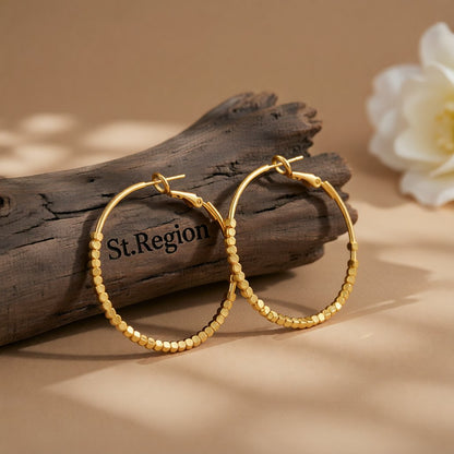 18K Gold-Plated Cube Beaded Hoop Earrings, gold hoop earrings for women, everyday style, front view