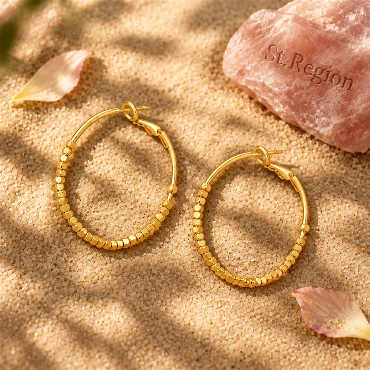 18K Gold-Plated Cube Beaded Hoop Earrings, gold hoop earrings for women, everyday style, detail close-up
