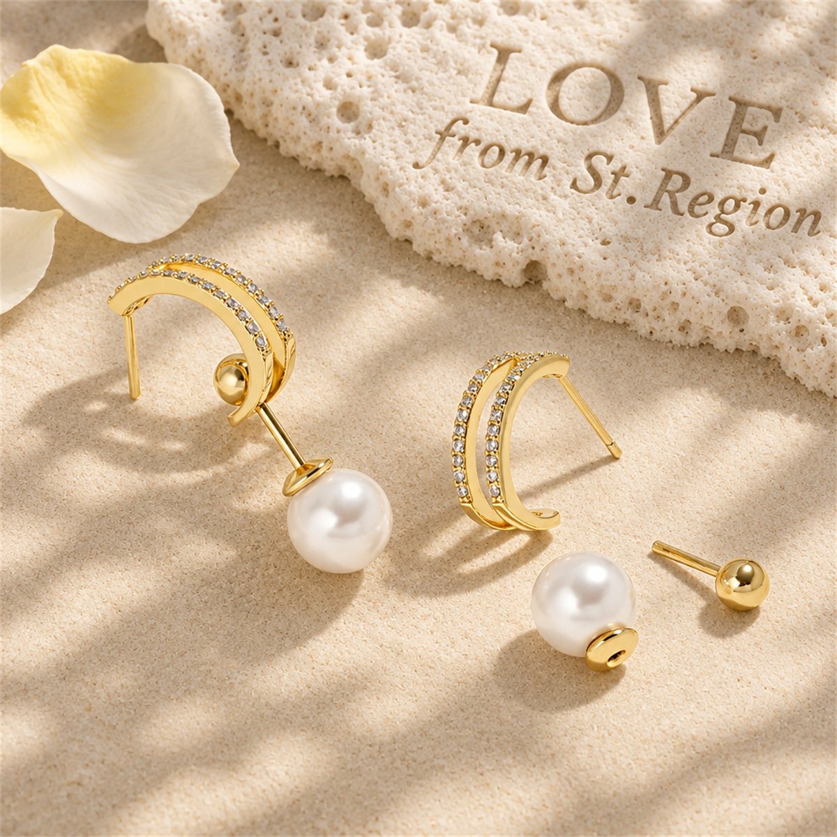 Cubic Zirconia and Pearl 18K Gold-Plated Curve Drop Earrings, gold drop earrings for women, everyday style, lifestyle look