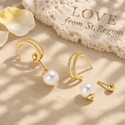 Cubic Zirconia and Pearl 18K Gold-Plated Curve Drop Earrings, gold drop earrings for women, everyday style, lifestyle look