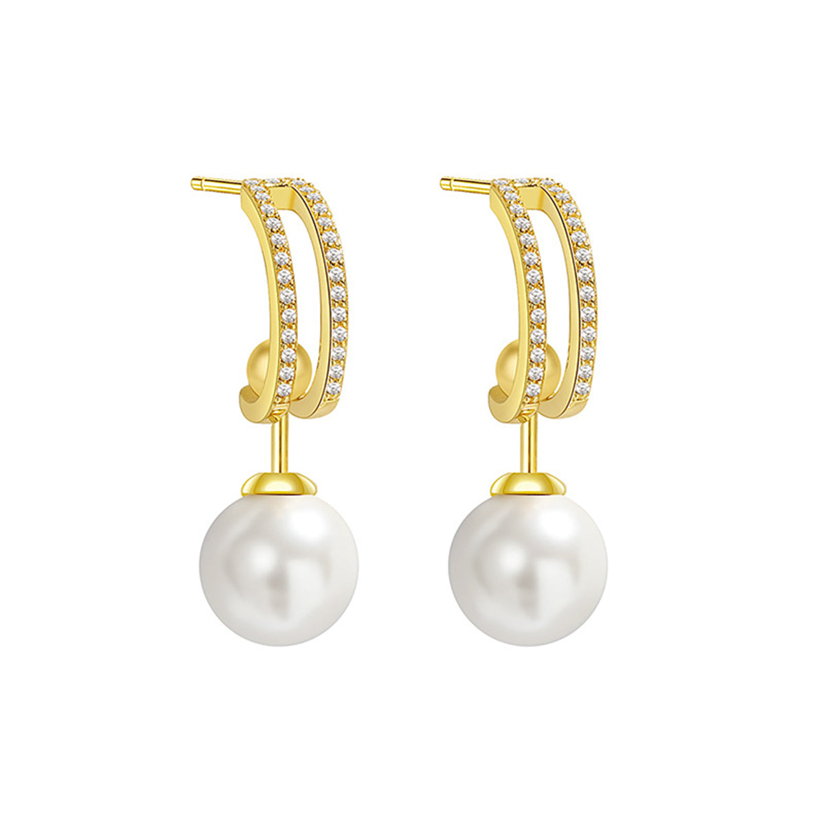 Cubic Zirconia and Pearl 18K Gold-Plated Curve Drop Earrings, gold drop earrings for women, everyday style, side view