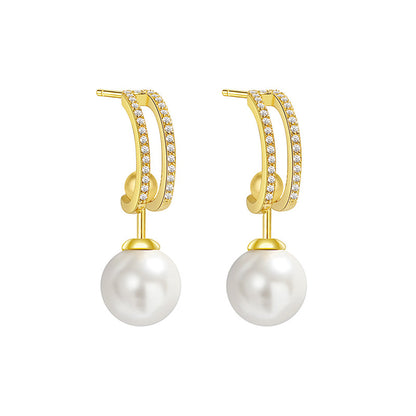 Cubic Zirconia and Pearl 18K Gold-Plated Curve Drop Earrings, gold drop earrings for women, everyday style, side view