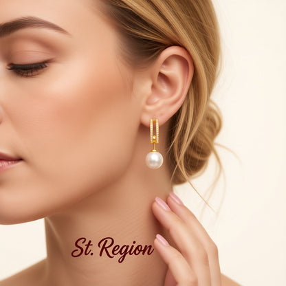 Cubic Zirconia and Pearl 18K Gold-Plated Curve Drop Earrings, gold drop earrings for women, everyday style, styled look