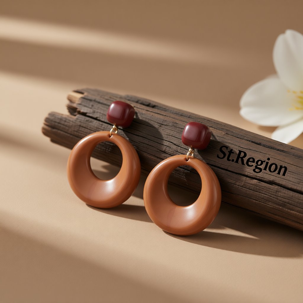 Coffee Resin and 18K Gold-Plated Circle Drop Earrings, gold drop earrings for women, vintage-inspired design, front view
