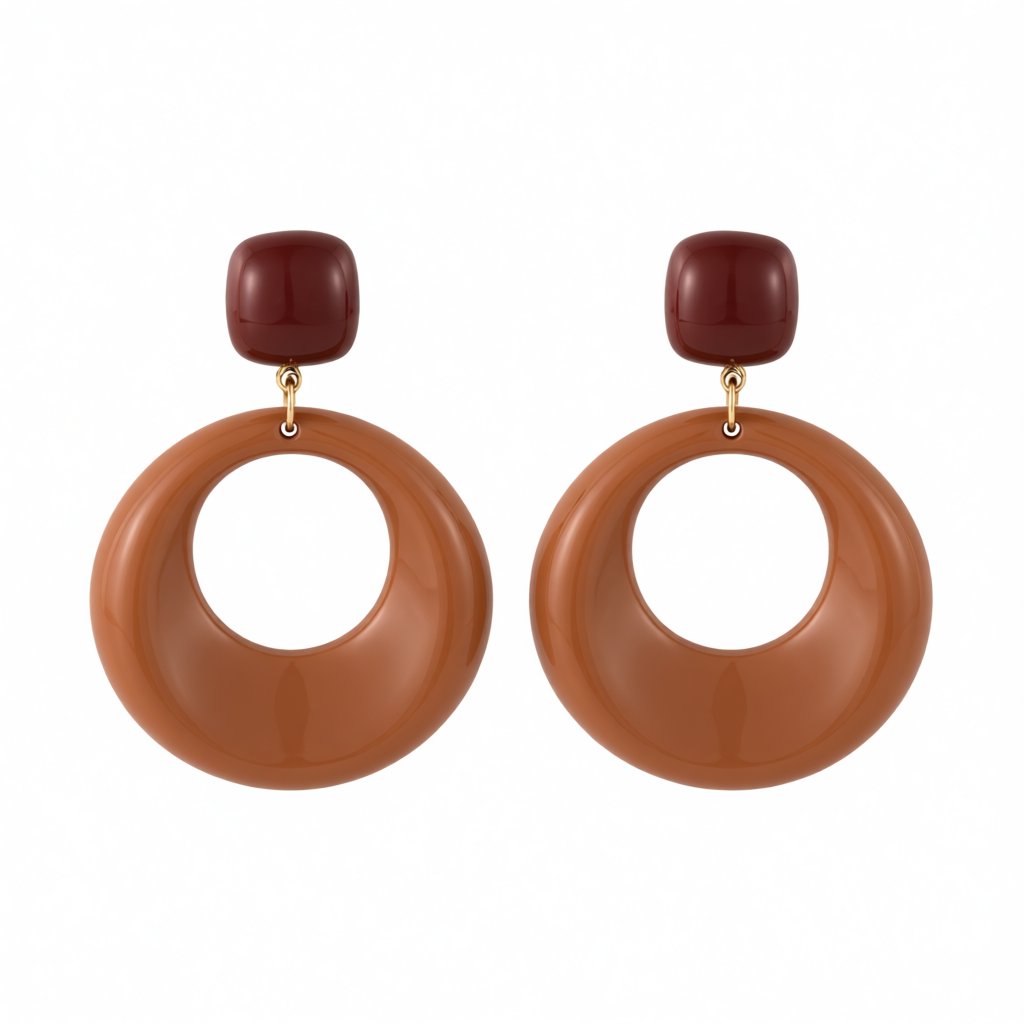 Coffee Resin and 18K Gold-Plated Circle Drop Earrings, gold drop earrings for women, vintage-inspired design, side view