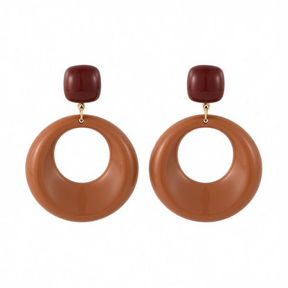 Coffee Resin and 18K Gold-Plated Circle Drop Earrings, gold drop earrings for women, vintage-inspired design, side view