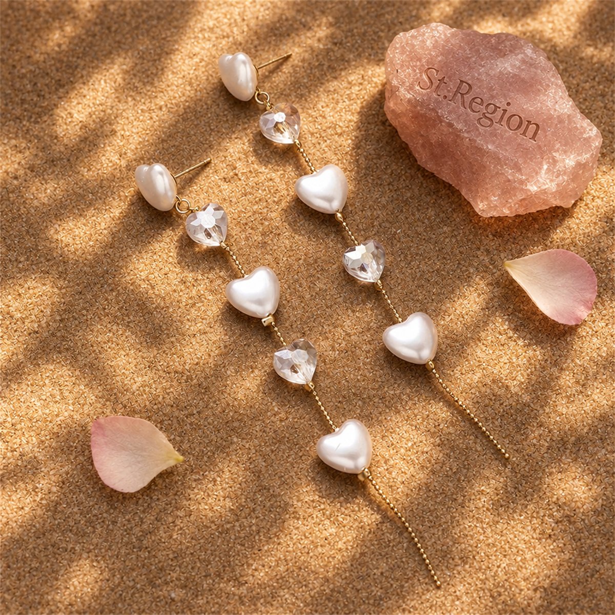 Pearl and Crystal Tiered Ball Chain Heart Drop Earrings, drop earrings for women, vintage-inspired design, detail close-up