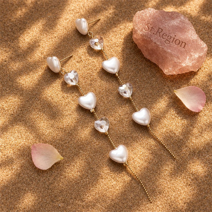 Pearl and Crystal Tiered Ball Chain Heart Drop Earrings, drop earrings for women, vintage-inspired design, detail close-up