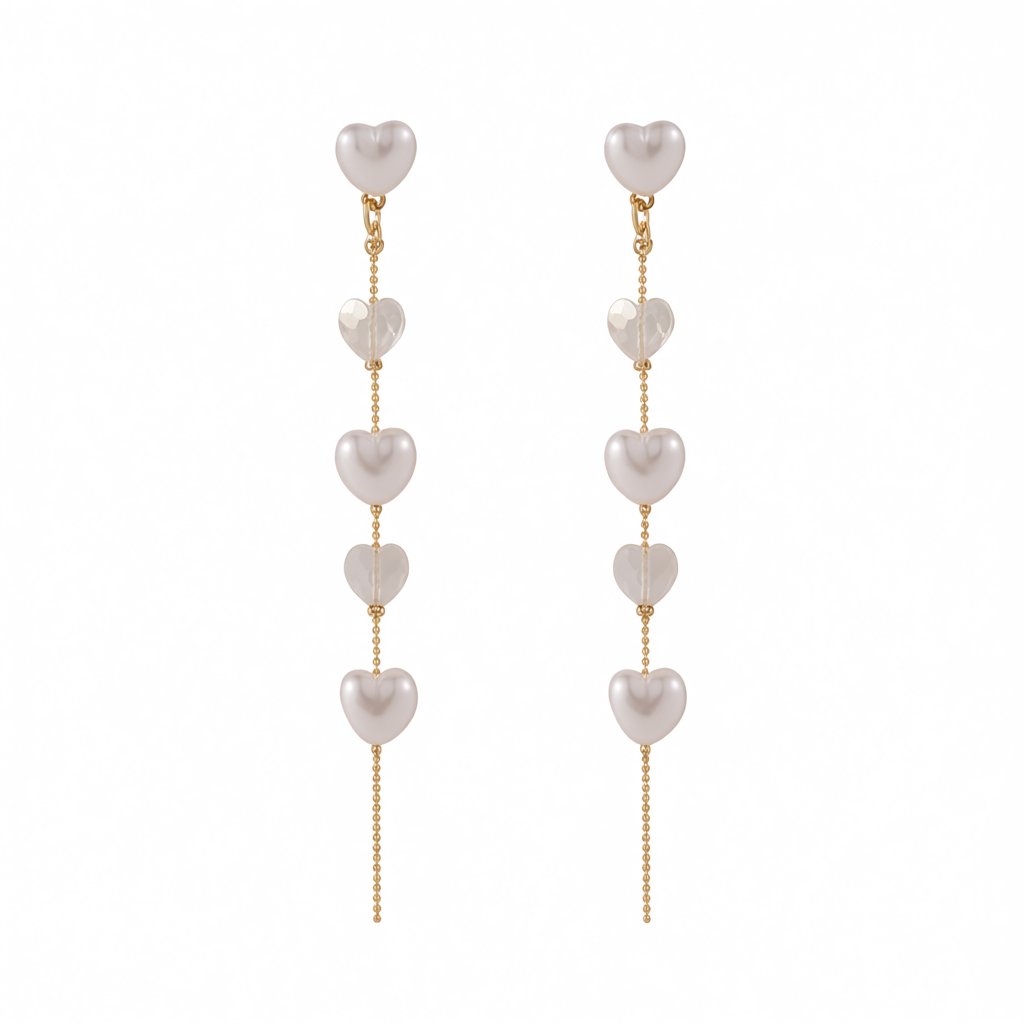 Pearl and Crystal Tiered Ball Chain Heart Drop Earrings, drop earrings for women, vintage-inspired design, side view
