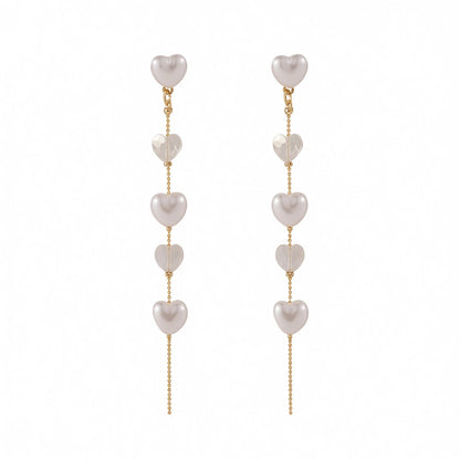 Pearl and Crystal Tiered Ball Chain Heart Drop Earrings, drop earrings for women, vintage-inspired design, side view