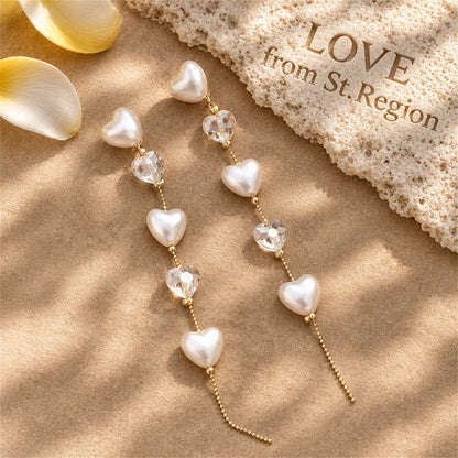 Pearl and Crystal Tiered Ball Chain Heart Drop Earrings, drop earrings for women, vintage-inspired design, lifestyle look