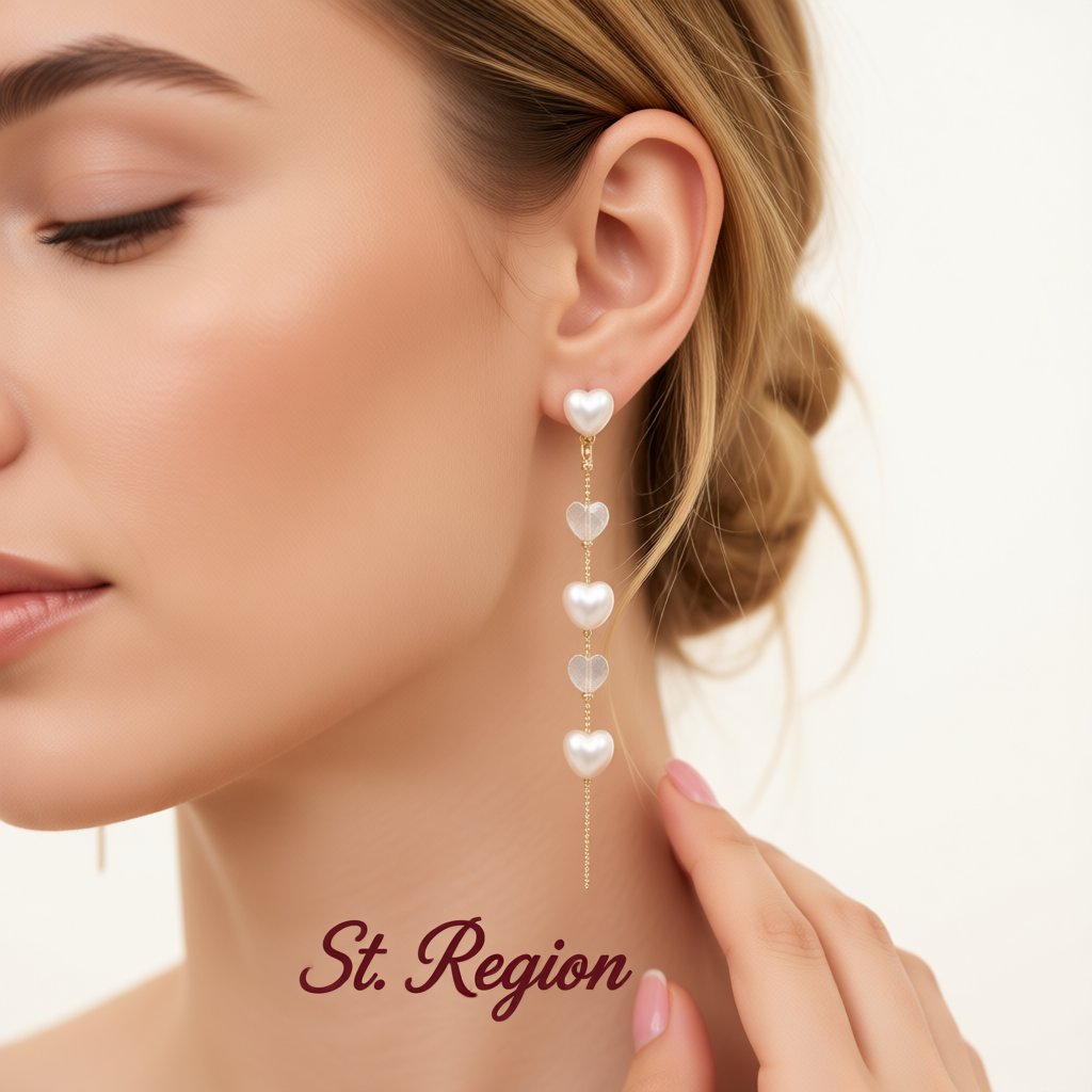 Pearl and Crystal Tiered Ball Chain Heart Drop Earrings, drop earrings for women, vintage-inspired design, styled look