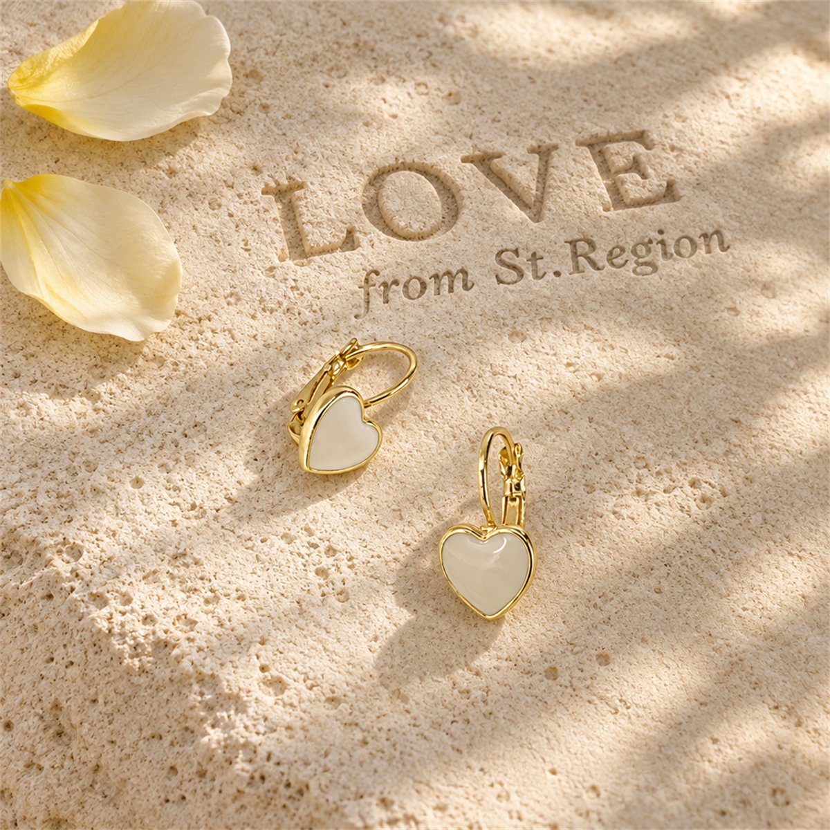 White Enamel and 18K Gold-Plated Heart Huggie Earrings, gold huggie earrings, elegant gift for her, lifestyle look