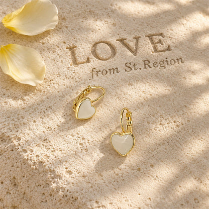White Enamel and 18K Gold-Plated Heart Huggie Earrings, gold huggie earrings, elegant gift for her, lifestyle look