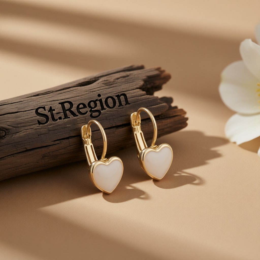 White Enamel and 18K Gold-Plated Heart Huggie Earrings, gold huggie earrings, elegant gift for her, front view