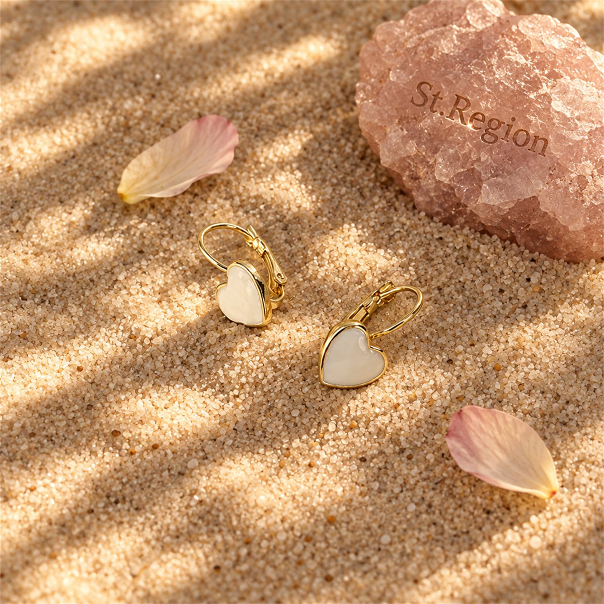White Enamel and 18K Gold-Plated Heart Huggie Earrings, gold huggie earrings, elegant gift for her, detail close-up