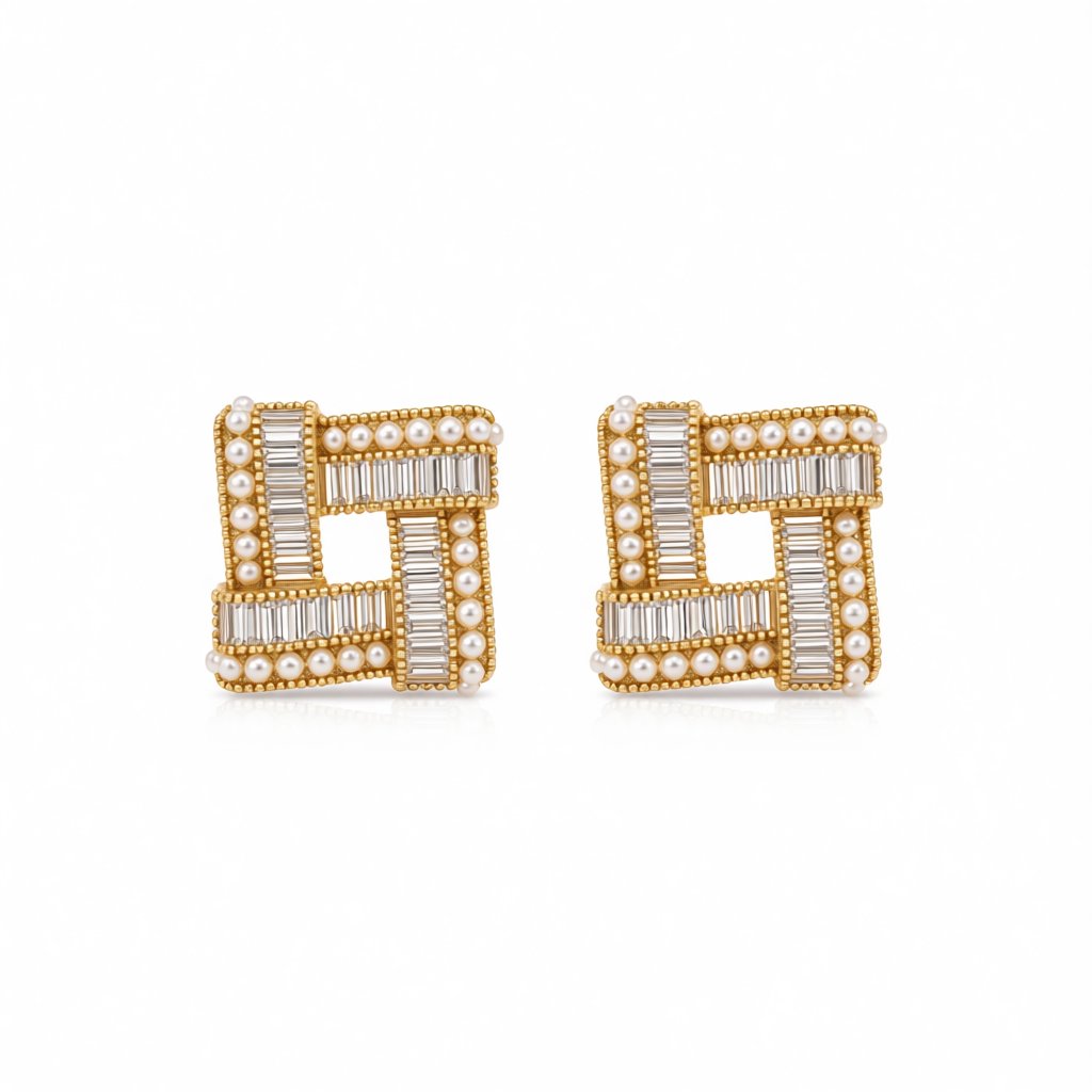 Cubic Zirconia and Pearl Open Square Stud Earrings, stud earrings for women, everyday style, side view
