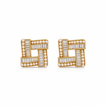 Cubic Zirconia and Pearl Open Square Stud Earrings, stud earrings for women, everyday style, side view