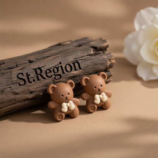 Coffee & Silver-plated Bear Stud Earrings