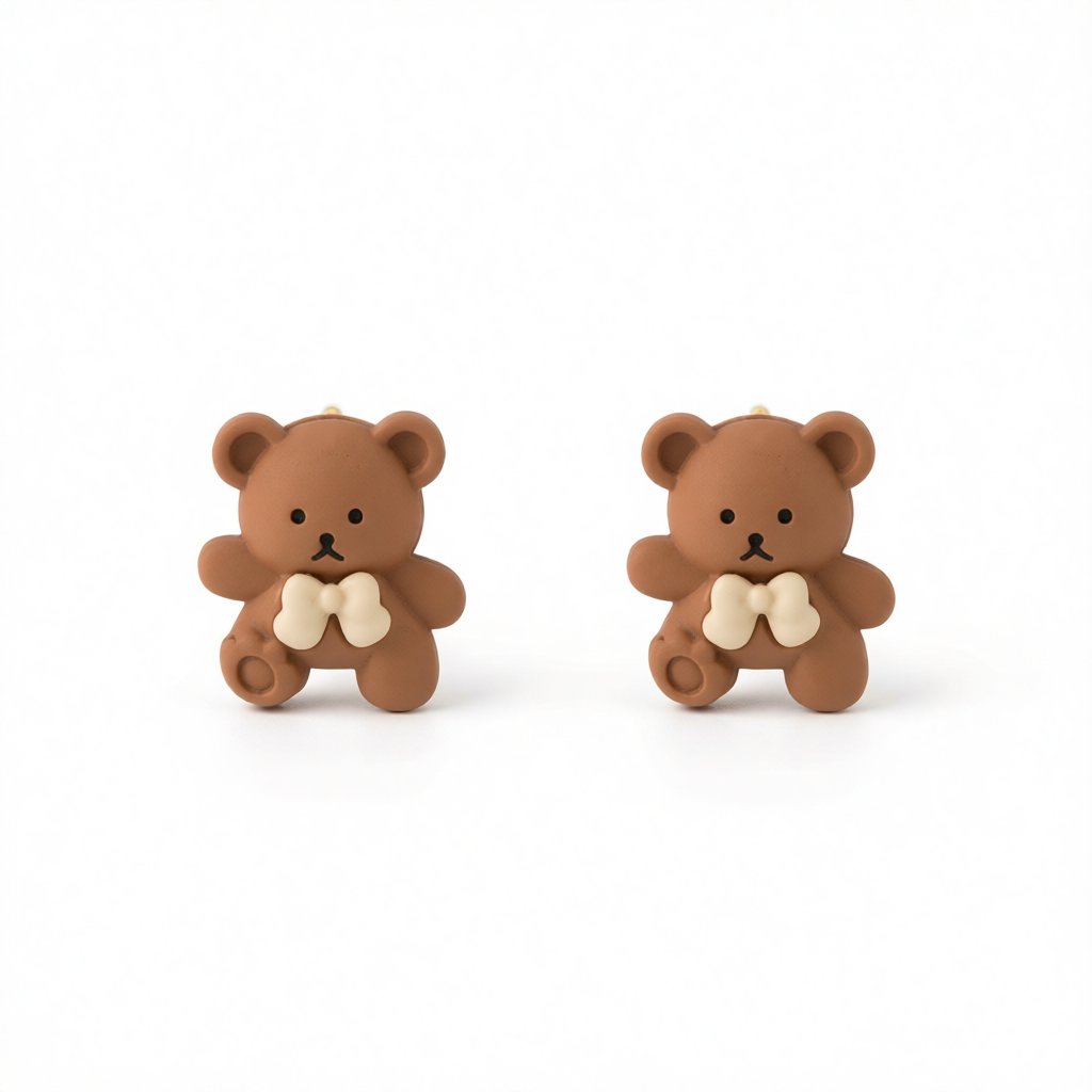 Coffee & Silver-plated Bear Stud Earrings