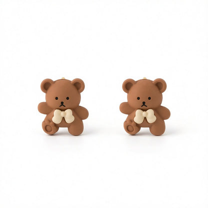 Coffee & Silver-plated Bear Stud Earrings