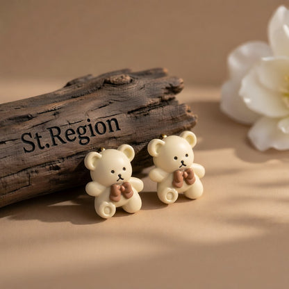 Beige & Silver-Plated Bear Stud Earrings