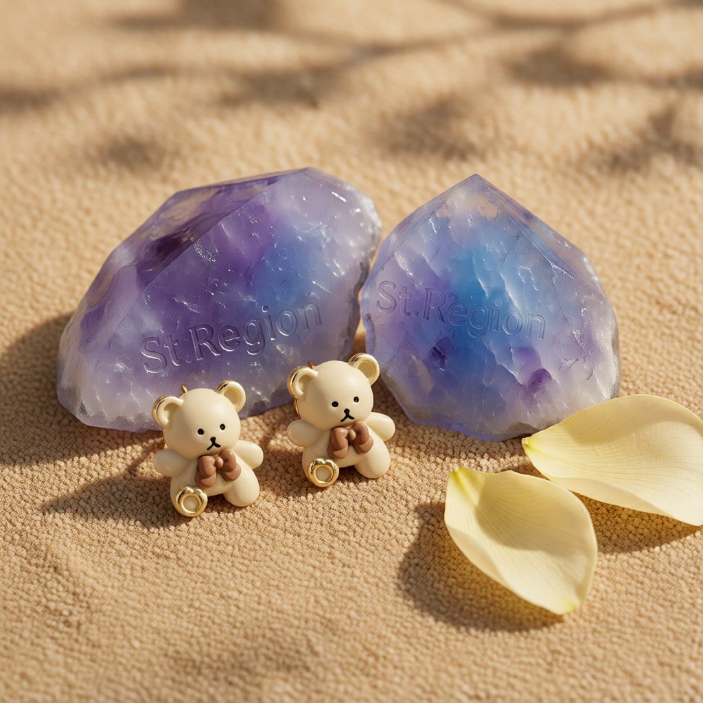 Beige & Silver-Plated Bear Stud Earrings