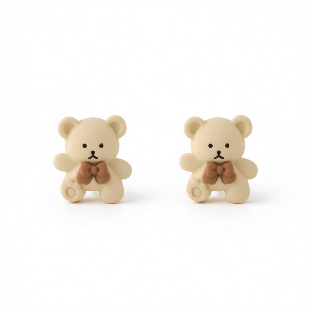 Beige & Silver-Plated Bear Stud Earrings