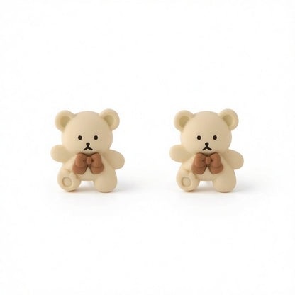 Beige & Silver-Plated Bear Stud Earrings