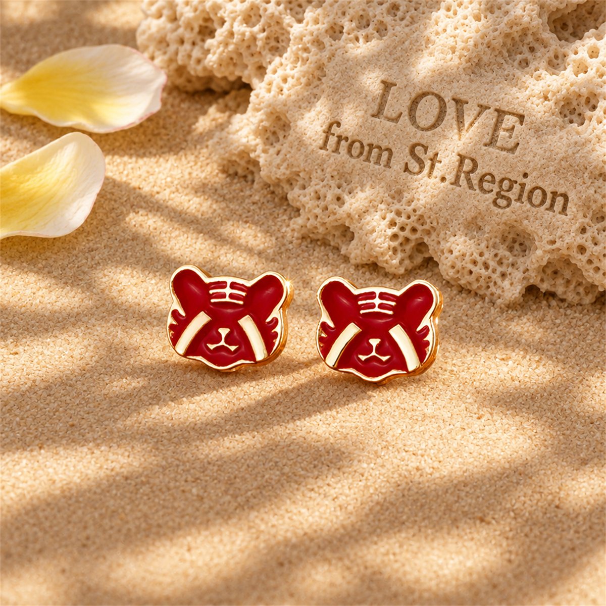 Red Enamel and 18K Gold-Plated Tiger Face Stud Earrings, gold stud earrings for women, elegant gift for her, lifestyle look