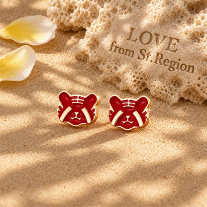 Red Enamel and 18K Gold-Plated Tiger Face Stud Earrings, gold stud earrings for women, elegant gift for her, lifestyle look