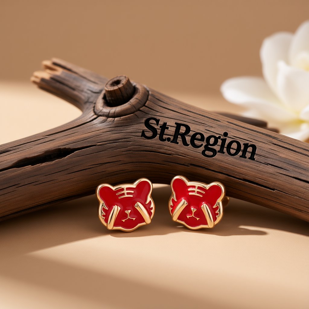 Red Enamel and 18K Gold-Plated Tiger Face Stud Earrings, gold stud earrings for women, elegant gift for her, front view