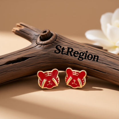 Red Enamel and 18K Gold-Plated Tiger Face Stud Earrings, gold stud earrings for women, elegant gift for her, front view