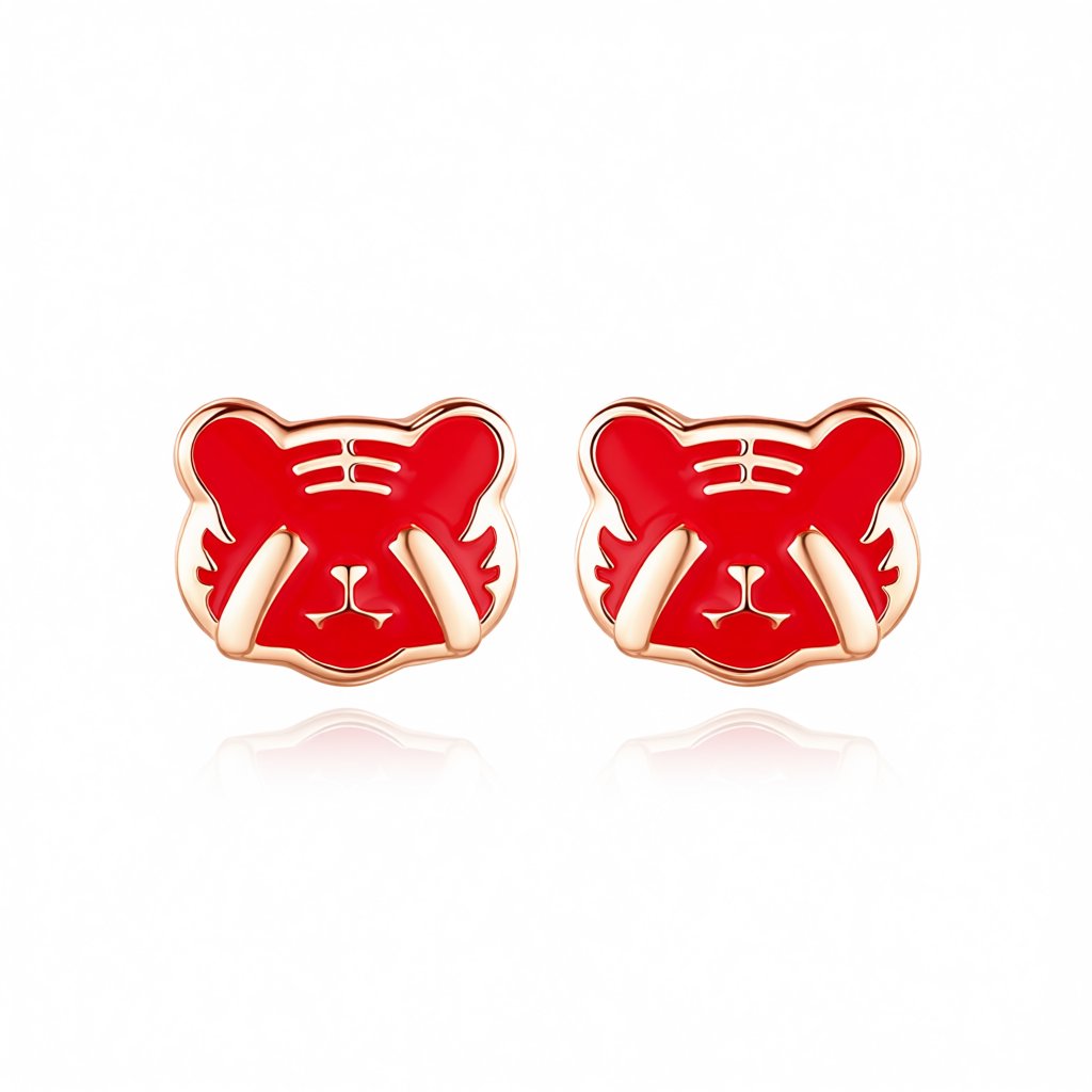 Red Enamel and 18K Gold-Plated Tiger Face Stud Earrings, gold stud earrings for women, elegant gift for her, side view