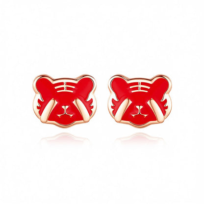 Red Enamel and 18K Gold-Plated Tiger Face Stud Earrings, gold stud earrings for women, elegant gift for her, side view