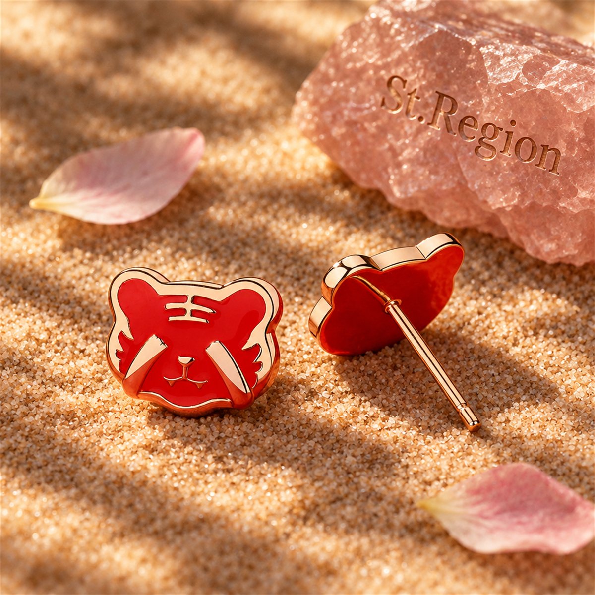 Red Enamel and 18K Gold-Plated Tiger Face Stud Earrings, gold stud earrings for women, elegant gift for her, detail close-up