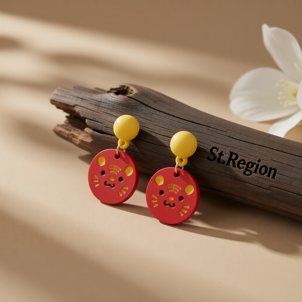 Red and Yellow Tiger Disc Drop Earrings, drop earrings for women, botanical inspired, front view