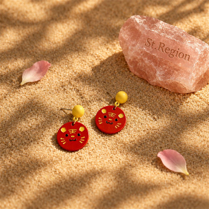 Red and Yellow Tiger Disc Drop Earrings, drop earrings for women, botanical inspired, detail close-up