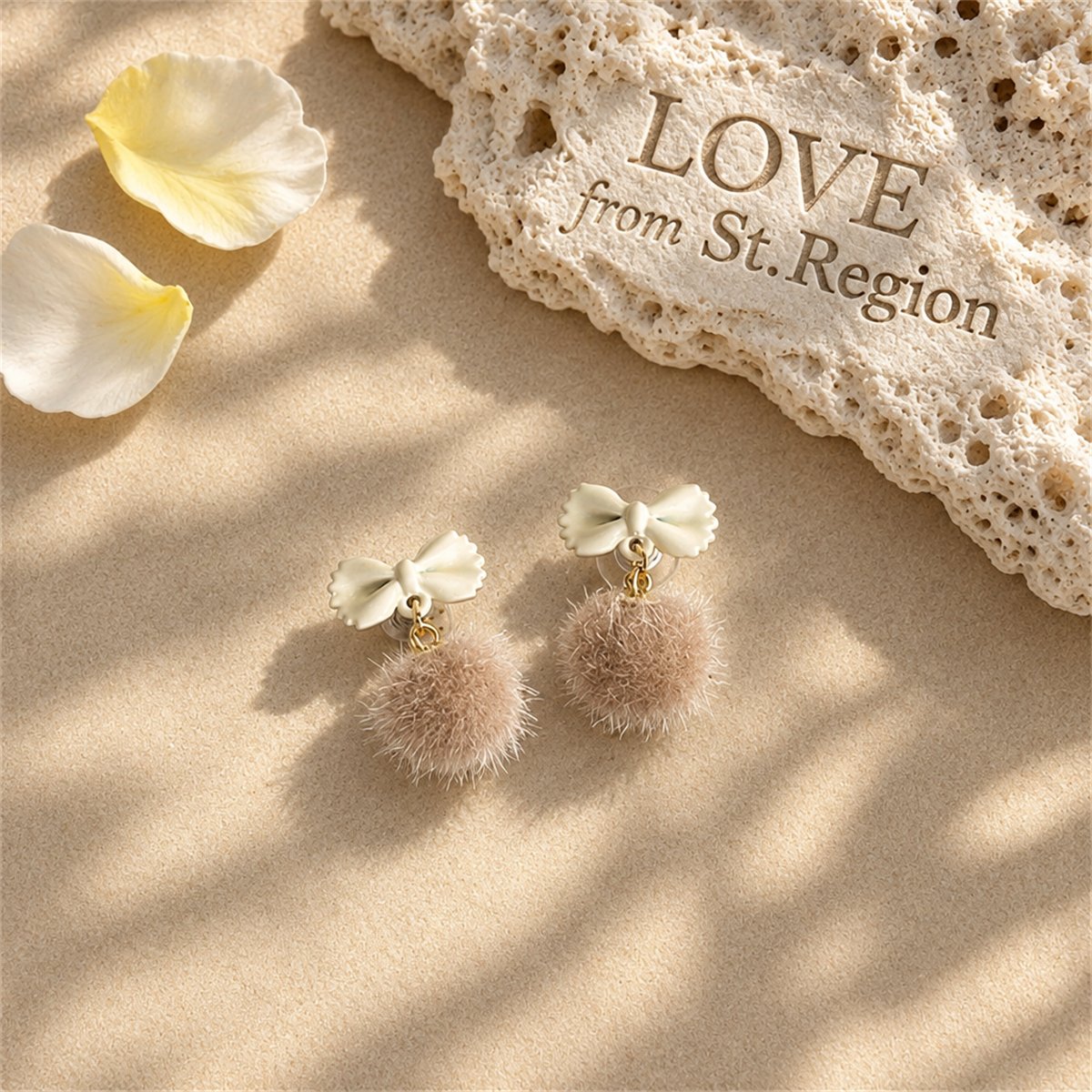 Beige Enamel and Blush Pom-Pom Bow Drop Earrings, drop earrings for women, botanical inspired, lifestyle look