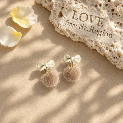 Beige Enamel and Blush Pom-Pom Bow Drop Earrings, drop earrings for women, botanical inspired, lifestyle look