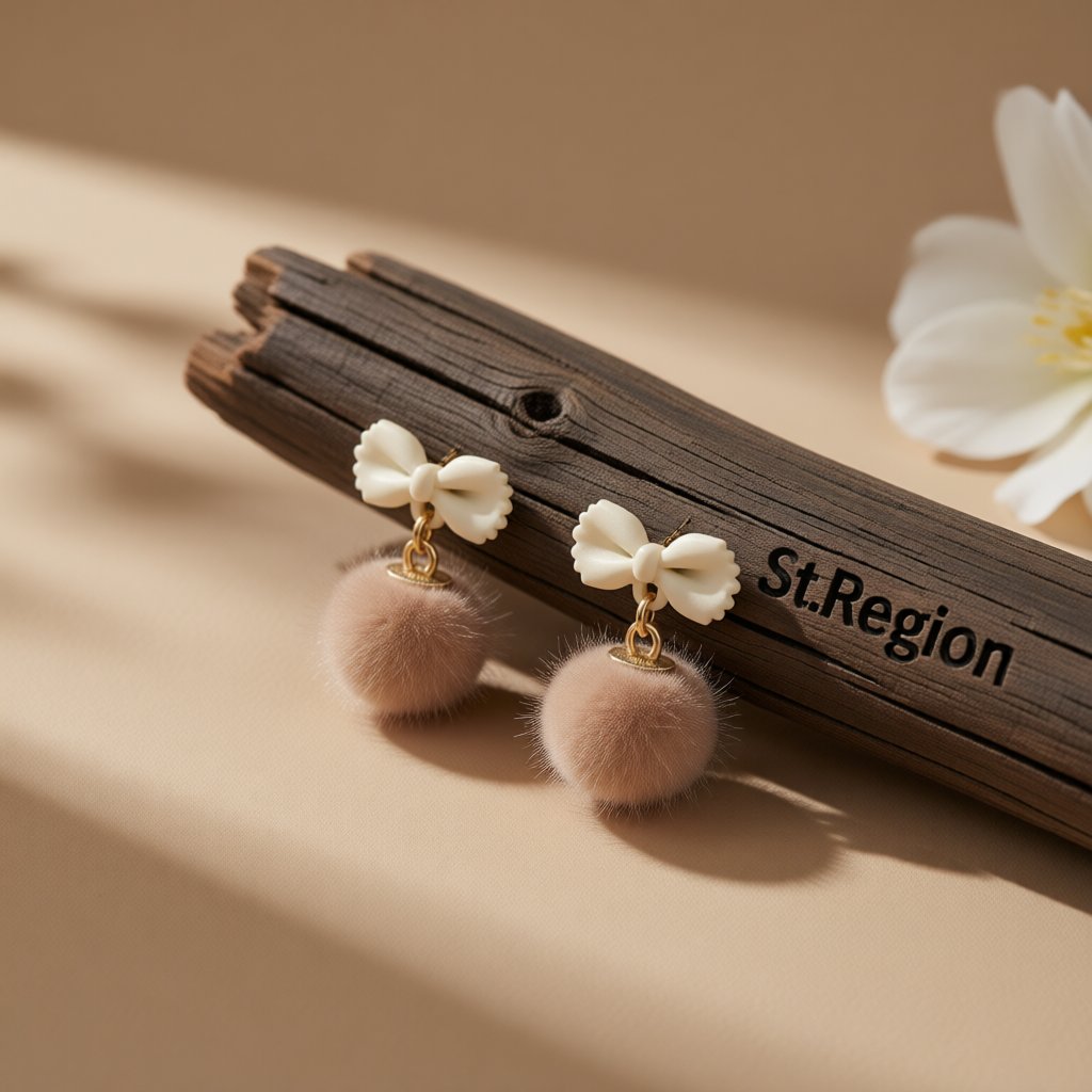 Beige Enamel and Blush Pom-Pom Bow Drop Earrings, drop earrings for women, botanical inspired, front view
