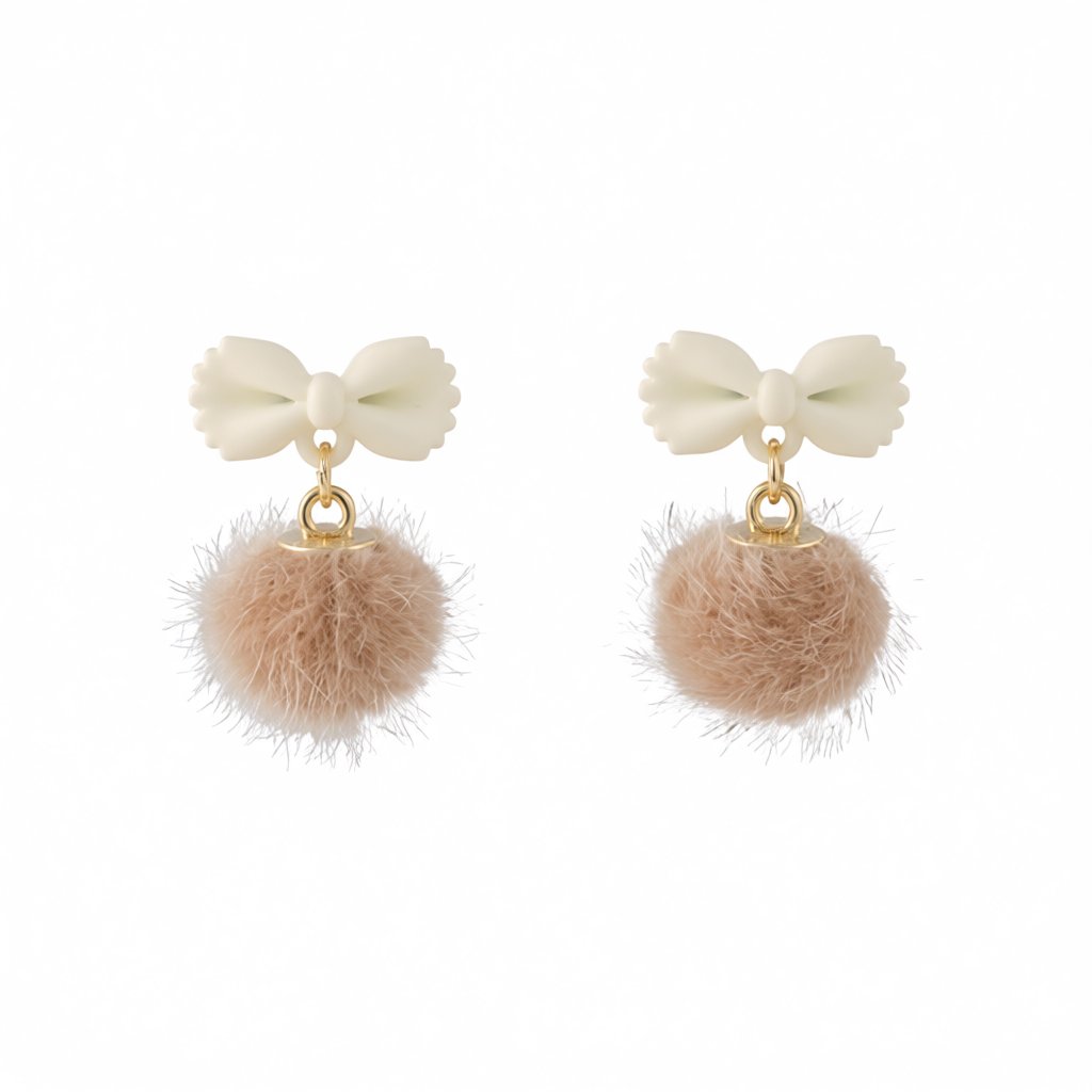 Beige Enamel and Blush Pom-Pom Bow Drop Earrings, drop earrings for women, botanical inspired, side view