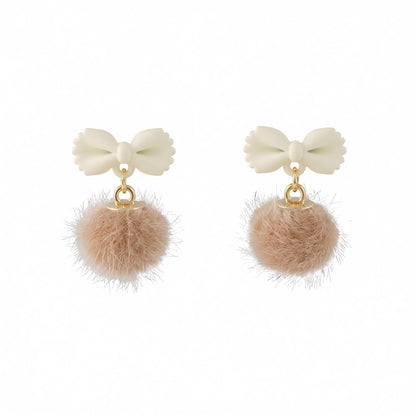 Beige Enamel and Blush Pom-Pom Bow Drop Earrings, drop earrings for women, botanical inspired, side view