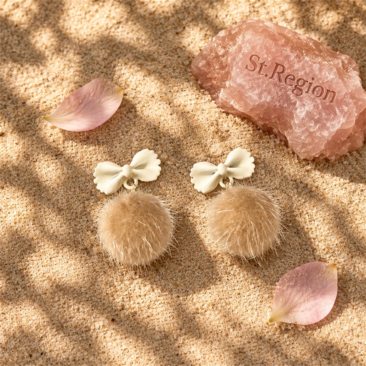 Beige Enamel and Blush Pom-Pom Bow Drop Earrings, drop earrings for women, botanical inspired, detail close-up