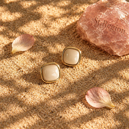 Beige Resin and 18K Gold-Plated Square Stud Earrings, gold stud earrings for women, elegant gift for her, detail close-up
