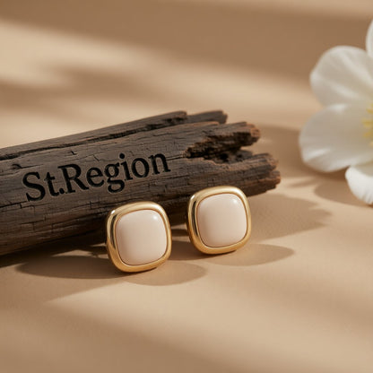 Beige Resin and 18K Gold-Plated Square Stud Earrings, gold stud earrings for women, elegant gift for her, front view